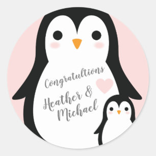 Pink Penguin Baby shower Ronde Sticker