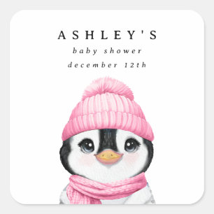 Pink Penguin Winter Baby shower Vierkante Sticker