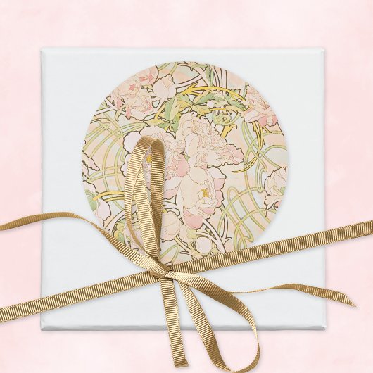 Pink Peonies Alphonse Mucha Ronde Sticker