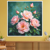 Pink Peonies Artwork on Emerald Green Canvas Afdruk (Insitu (Woonkamer))
