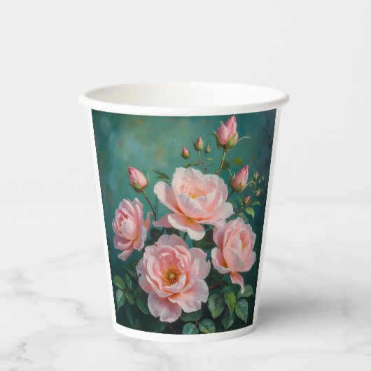 Pink Peonies Artwork on Emerald Green Papieren Bekers (Voorkant)