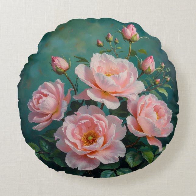 Pink Peonies Artwork on Emerald Green Rond Kussen (Voorkant)