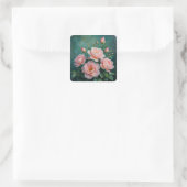 Pink Peonies Artwork on Emerald Green Vierkante Sticker (Tas)