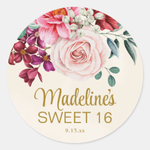 Pink Peonies Burgundy Floral Leaves Sweet 16 Ronde Sticker