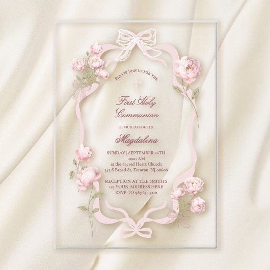 pink peonies First Holy Communion girl Acryl Uitnodigingen