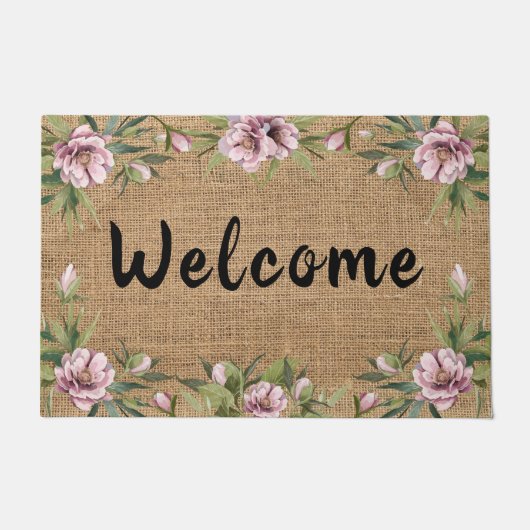 Pink Peonies Floral Greenery Spring Burlap Doormat Deurmat (Voorkant)