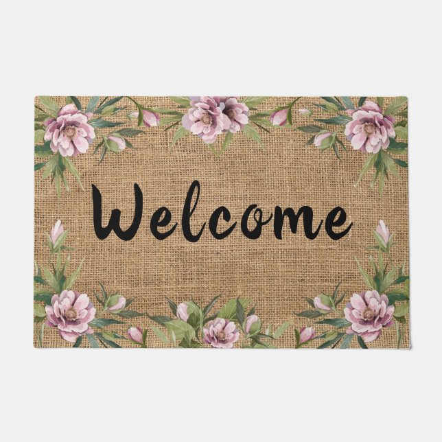 Pink Peonies Floral Greenery Spring Burlap Doormat Deurmat (Voorkant)