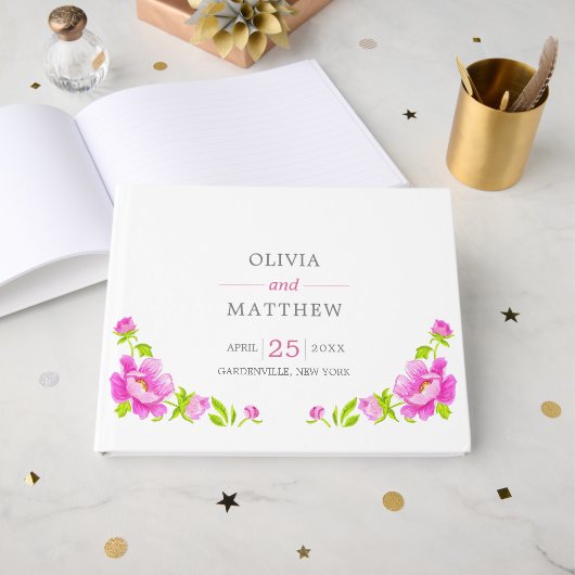 Pink Peonies Floral Wedding Guest Book Gastenboek (Voorkant open)
