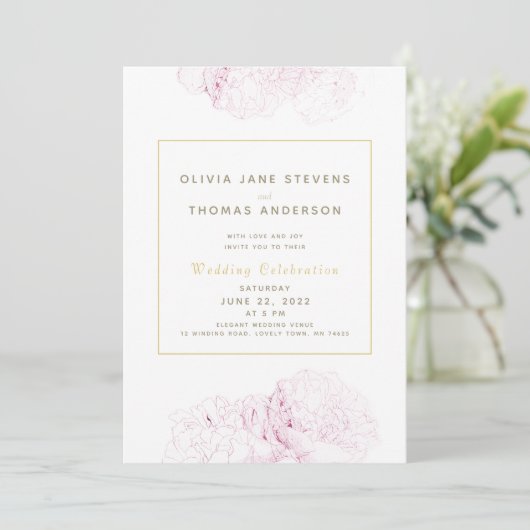 Pink Peonies Gold Elegant Moderne Klassieke bruilo Kaart (Staand voorkant)