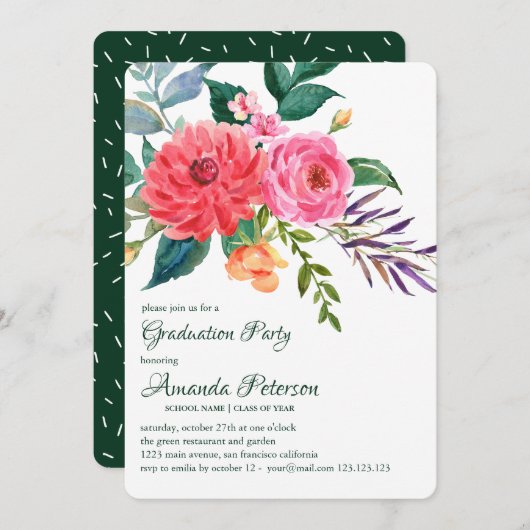 Pink Peonies Greenery Flower Afstuderen Invitation Kaart (Voorkant / Achterkant)