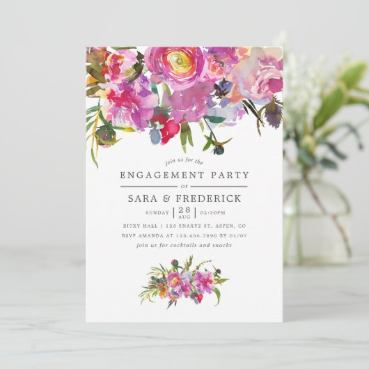 Pink Peonies Waterverf Engagement Party Kaart (Staand voorkant)