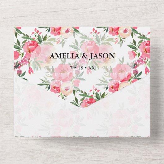 Pink Peonies Waterverf Weddenschap All In One Uitnodiging (Achterkant)