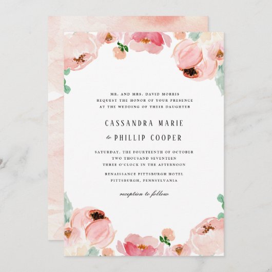Pink Peonies Wedding Invitation Suite Kaart (Voorkant / Achterkant)