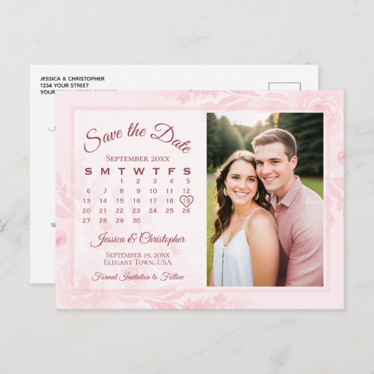 Pink Peonies Wedding Save the Date Calendar Photo Aankondigingskaart (Voorkant / Achterkant)