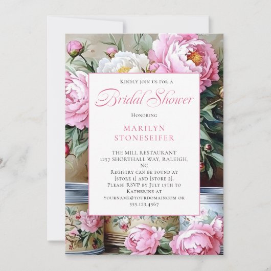 Pink Peonies White Daisies in Mason Jar Invitation (Devant)