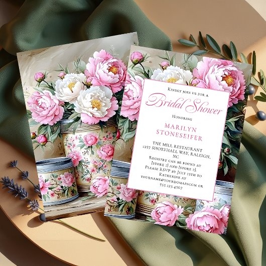 Pink Peonies White Daisies in Mason Jar Invitation Kaart