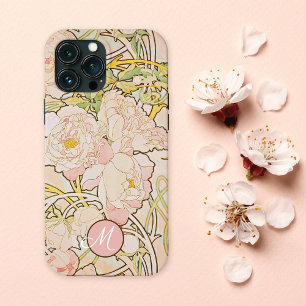 Pink Peony Alphonse Mucha Monogram iPhone 13 Pro Max Hoesje