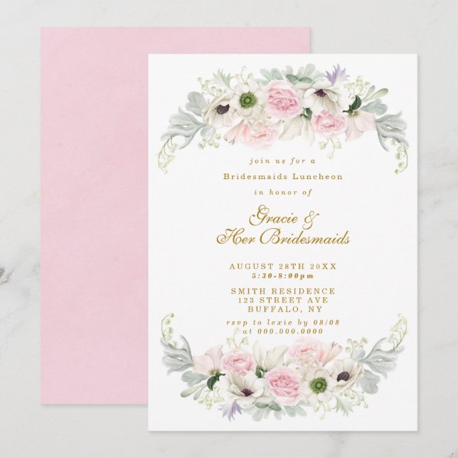 Pink Peony Anemone Bridesmaids Luncheon Invite (Voorkant / Achterkant)