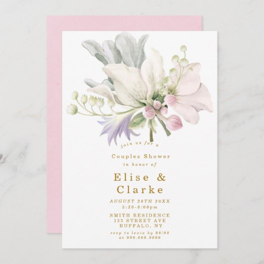 Pink Peony Anemone Gold Couples Invitation douche (Devant / Derrière)