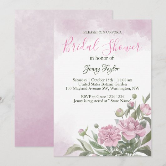 Pink Peony Aquarelle Nuptiale Douche Invitation (Devant / Derrière)
