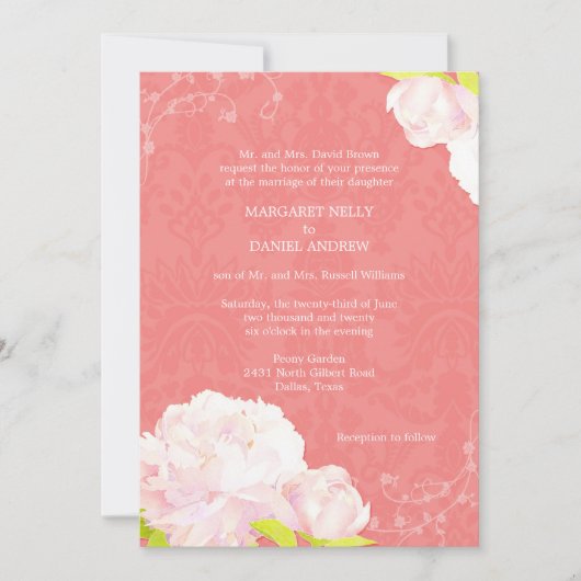 Pink Peony Coral Shades Wedding Kaart (Voorkant)