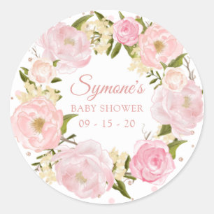 Pink Peony en Roos Gold Polkadot Baby shower Ronde Sticker