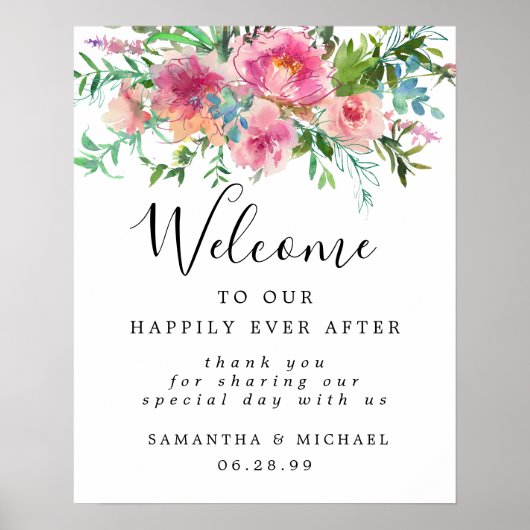 Pink Peony Floral Elegant Wedding Welkomstteken Poster (Voorkant)
