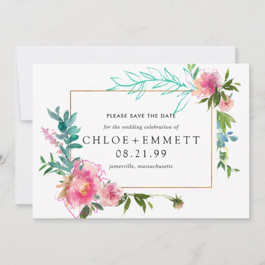 Pink Peony Floral Enregistrer la date Invitation (Devant)