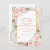 Pink Peony Floral Gold Script and Lijst Delay Date Briefkaart (Voorkant / Achterkant)