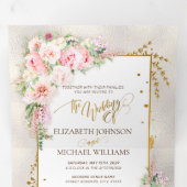 Pink Peony Floral Gold Script & Lijst Drieluik Uitnodiging (Binnenzijde eerst)