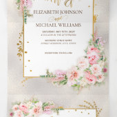 Pink Peony Floral Gold Script & Lijst Drieluik Uitnodiging (Binnenkant midden)