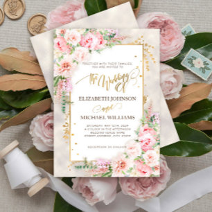 Pink Peony Floral Gold Script & Lijst Kaart