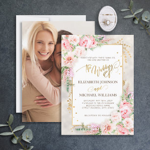 Pink Peony Floral Gold Script & Lijst Kaart