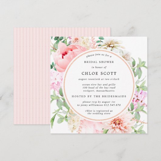 Pink Peony Floral Square Bridal Shower Uitnodiging (Voorkant / Achterkant)