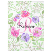 Pink Peony Floral Waterverf Monogram Klembord (Achterkant)