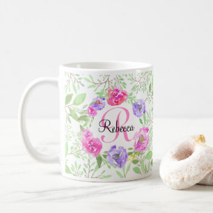 Pink Peony Floral Waterverf Monogram Koffiemok