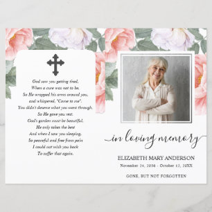 Pink Peony Floral Waterverf Photo Funeral Programm