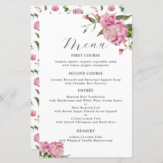 Pink Peony Flower Menu du dîner Mariage (Devant / Derrière)