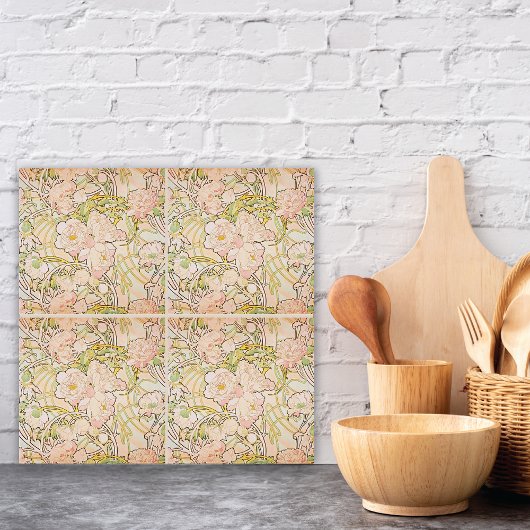 Pink Peony Flowers Alphonse Mucha Tegeltje