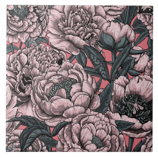 Pink peony flowers and moths tegeltje (Voorkant)