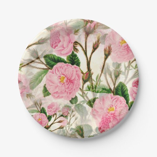 Pink Peony Flowers, Leaves & Buds Pattern Papieren Bordje (Voorkant)