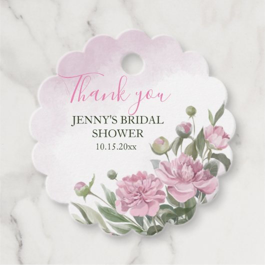 Pink Peony Foliage Waterverf Bride Hartelijk dank Bedankjes Labels (Voorkant)