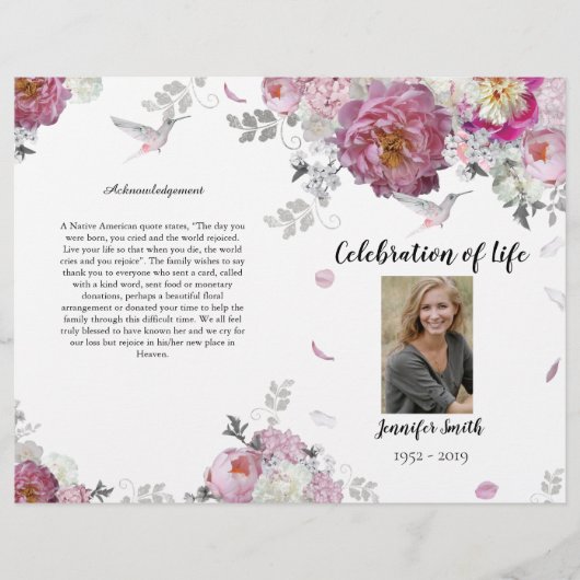 Pink Peony Hydrangea Hummingbird Funeral Programme Flyer (Voorkant)