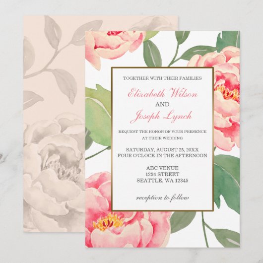 Pink Peony Invitations de mariage florales (Devant / Derrière)