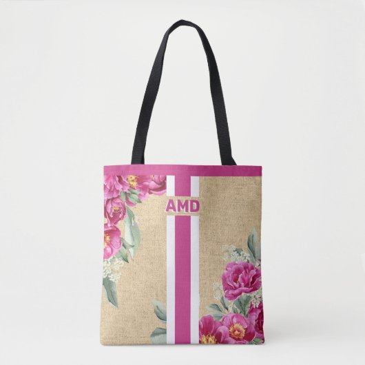 Pink Peony Monogram Faux Burlap Jute Draagtas (Voorkant)