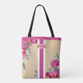 Pink Peony Monogram Faux Burlap Jute Draagtas (Achterkant)