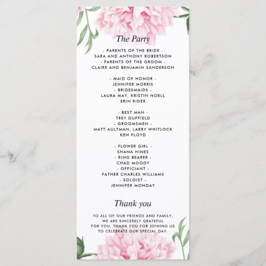 Pink Peony Programme de mariage aquarelle (Dos)