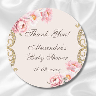 Pink Peony Rococo Floral Baby shower Bedankt Ronde Sticker