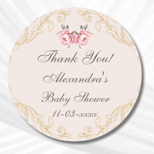 Pink Peony Rococo Flowers Baby shower Bedankt Ronde Sticker
