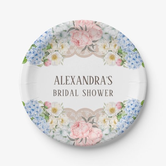 Pink Peony Romantic Blue Hydrangea Vrijgezellenfee Papieren Bordje (Voorkant)